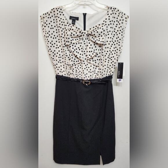 NWT Alyx Cream Black Office Siren Polka Dot Dress, Size 4 Petite - Picture 1 of 8